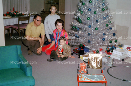 Metal tree, boy, son, mom, dad, brothers, toy train, tinsel tree, presents, Decorations, Ornaments, 1960s