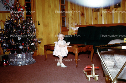 tree, presents, Decorations, Ornaments, girl, toddler, rocker, 1950s