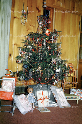 Tree, Doll, presents, Decorations, Ornaments, 1950s