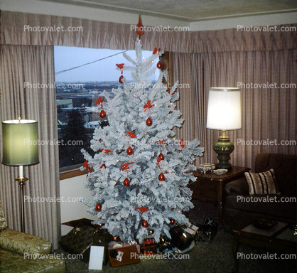 Tree, Decorations, Ornaments, Presents, flocked, lamps, curtains, 1950s