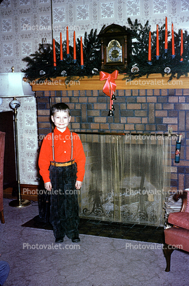 Fireplace, Candles, Boy, 1950s