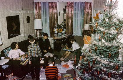 boys, girls, unwrapping presents, tree, christmas morning, Decorations, Ornaments, 1940s