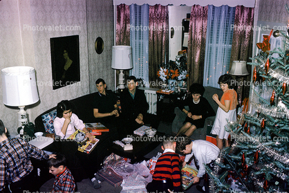Family, Opening Presents, boys, girls, unwrapping presents, tree, christmas morning, Decorations, Ornaments, 1940s