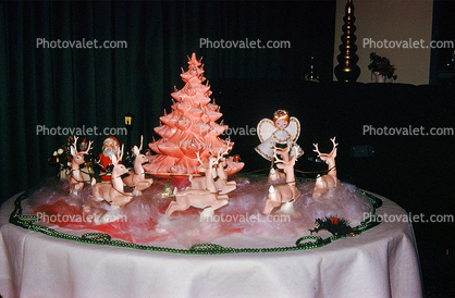 Small, Reindeer, Santa Claus, Decorations, Ornaments, sled, cute, funny, tiny pink tree, 1950s