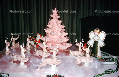 Tiny Tree, Small, Reindeer, Santa Claus, 1950s, Decorations, Ornaments, sled, cute, funny, pink tree, drapes, curtain