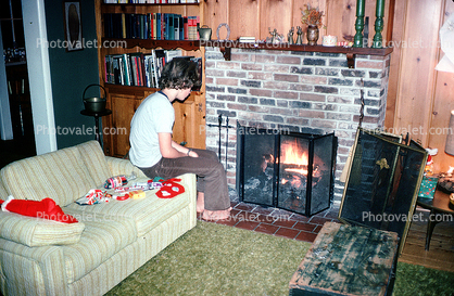 Fireplace, boy, early morning, fire, flames, 1950s