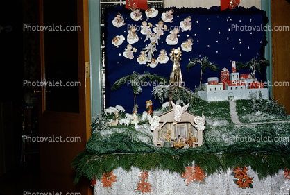 Nativity Scene, Bethlehem, village, storybook scene, snow, 1950s