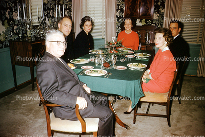 Dinner, Table, food, men, women, plates,  glasses, 1940s