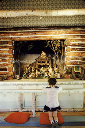 Praying Girl, Kneeling in Prayer, Log Cabin, Nativity Scene, 1960s