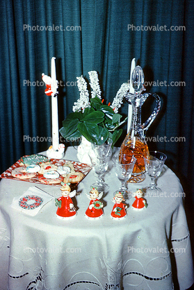Cookies, decanter, glasses, angels, napkins, Table Setting, Cloth, Candles, 1950s
