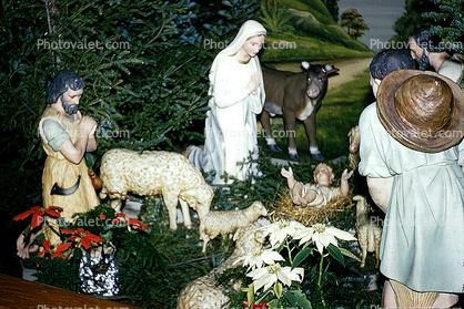 Nativity Scene, Baby Jesus, Lamb, sheep, Mother Mary, Oxen, Prayer, Praying, 1940s