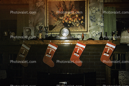Mantle, Clock, stockings, fireplace, 1950s