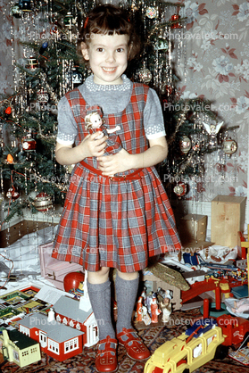 opening presents, girl with doll, Tree, Presents, Gifts, Decorations, Ornaments, 1950s