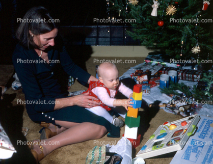 baby girl playing with blocks, mom, woman, 1960s
