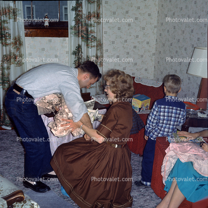 Unwrapping Presents, Woman, Dress, Man, Jeans, 1950s