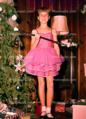 Girl, Baton Twirler, dress, Christmas Tree, Presents, 1950s