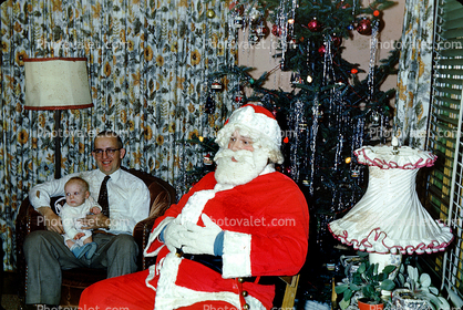 Santa Claus, Father with Baby, toddler, lamps, 1950s