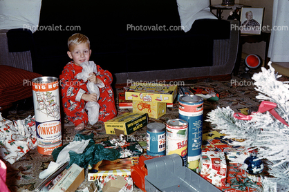 Boy with all his Presents, gifts, Tinkertoy, Truck, 1950s