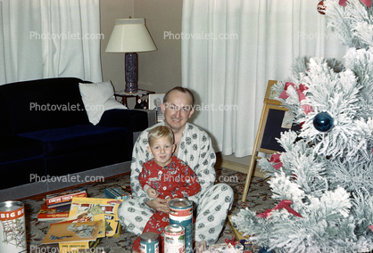 Boy and his Father, Decorated Tree, pajamas, lamp, 1950s