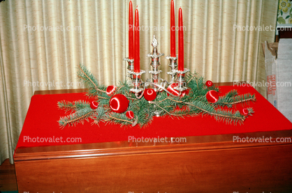 Table with Christmas Decorations, Candles, 1950s