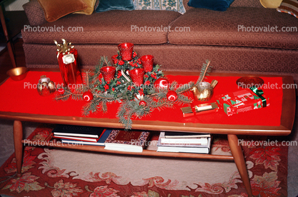 Coffee Table with Christmas Decorations, Candles, books, 1950s