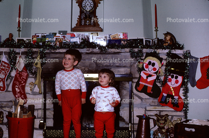 Boys on Christmas Morning, stockings, fireplace