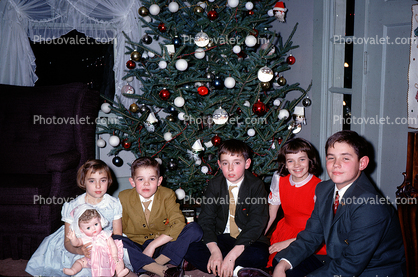 Family Group Portrait, decorated tree, 1950s