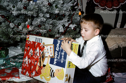 Holgate Page Desk, Boy Opening Present, tree, tie, December 1964
