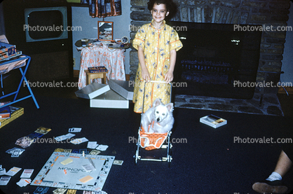 Girl and her Dog in a Stroller, Pram, Monopoly Board Game, December 1953
