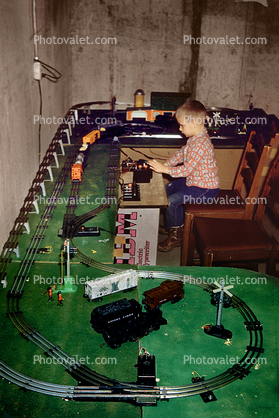 Boy with new Choo Choo train set, 1950s