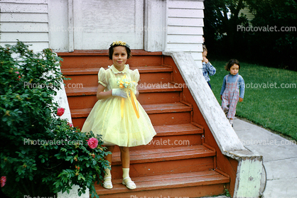 Girl, Dress, Steps, Tiarra, Hat, 1950s