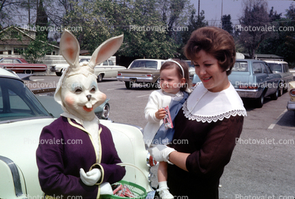 Rabbits, Bunny, Eggs, Girl, Woman, toddler, cars, April 1966, 1960s