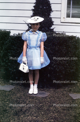Blue Dress, Hat, Girl, Female, Feminine, Dressed, Formal, Purse, cute, formal attire, 1950s