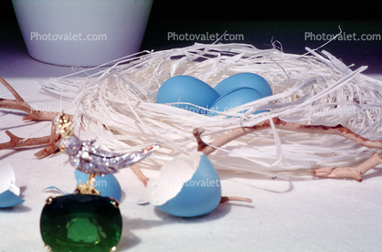 Green Jade Ring, Blue eggs, paper nest, jewelry, twigs