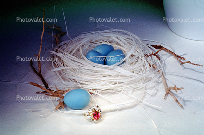 Ruby Ring, Blue eggs, paper nest, jewelry, twigs