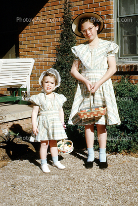 Sisters, Girls, Dress, Shoes, Bonnet, Hat, Eggs, Basket, March 1951, 1950s