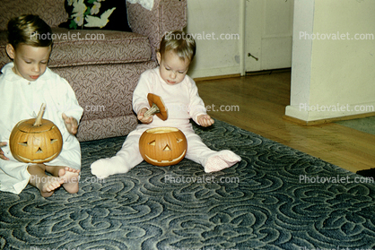 Pumpkin, Carpet, Boy, Girl, Toddler, Pajama, boys, onesie, 1950s, nightwear