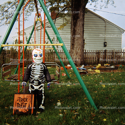 Skeleton Costume, backyard, Gym ?et, swing, Ocyober 1962