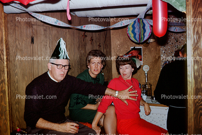 Man squeezes ladies boob, Partytime, Balloons, Basement Bar, Man, Woman, 1966, 1960s