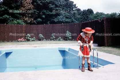 Cowgirl, Hat, Dress, Boots, Empty Swimming Pool, Backyard, 1950s