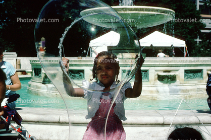 Girl Playing with Bubbles, Water Fountain, Festival on the Lake