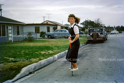 Pogo Stick, Woman, Car, Automobile, Vehicle, 1950s
