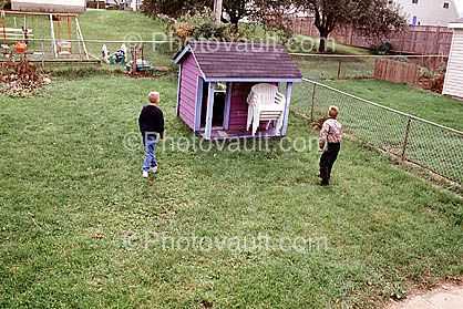 Play house, Backyard, boys, chairs, fence