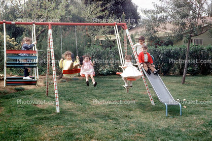 Swing, slide, backyard, lawn