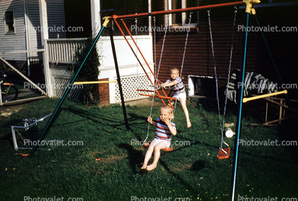 Girl, Boy, Swing set, backyard
