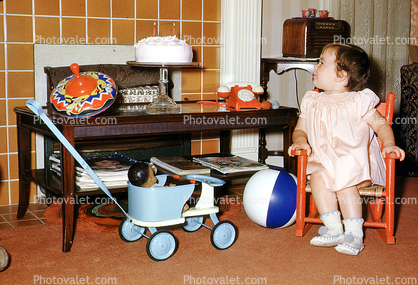 Carriage, Rocking Chair, Doll, Dial Telephone, Cake, Stroller, 1950s