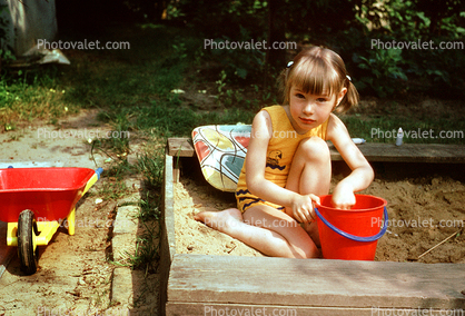 Sand Box, Pail, Wheelbarrow, Girl, Backyard, 1960s