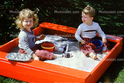 Kids in a Sandbox, Backyard, Fence, Lawn, April 1960, 1960s