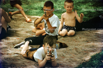 Boys, Guns, Sand, Backyard, Sandbox, 1950s