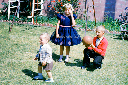 Girl, boy, ball, formal dress, Backyard, April 1960, 1960s